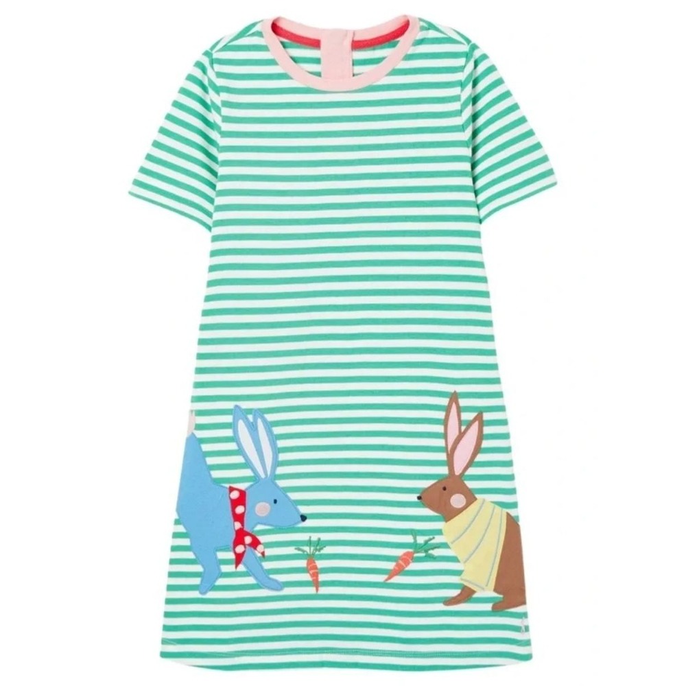 Joules Made for Mischief Green Stripe Bunny Rabbit Applique Dress Girls Size 11